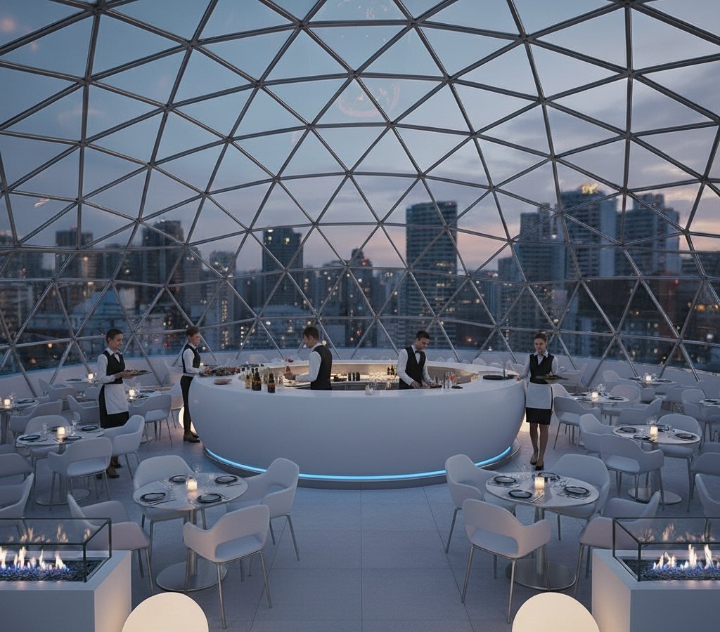 The PODULAR modular pod with a dome — the finished stand, set up and ready to serve