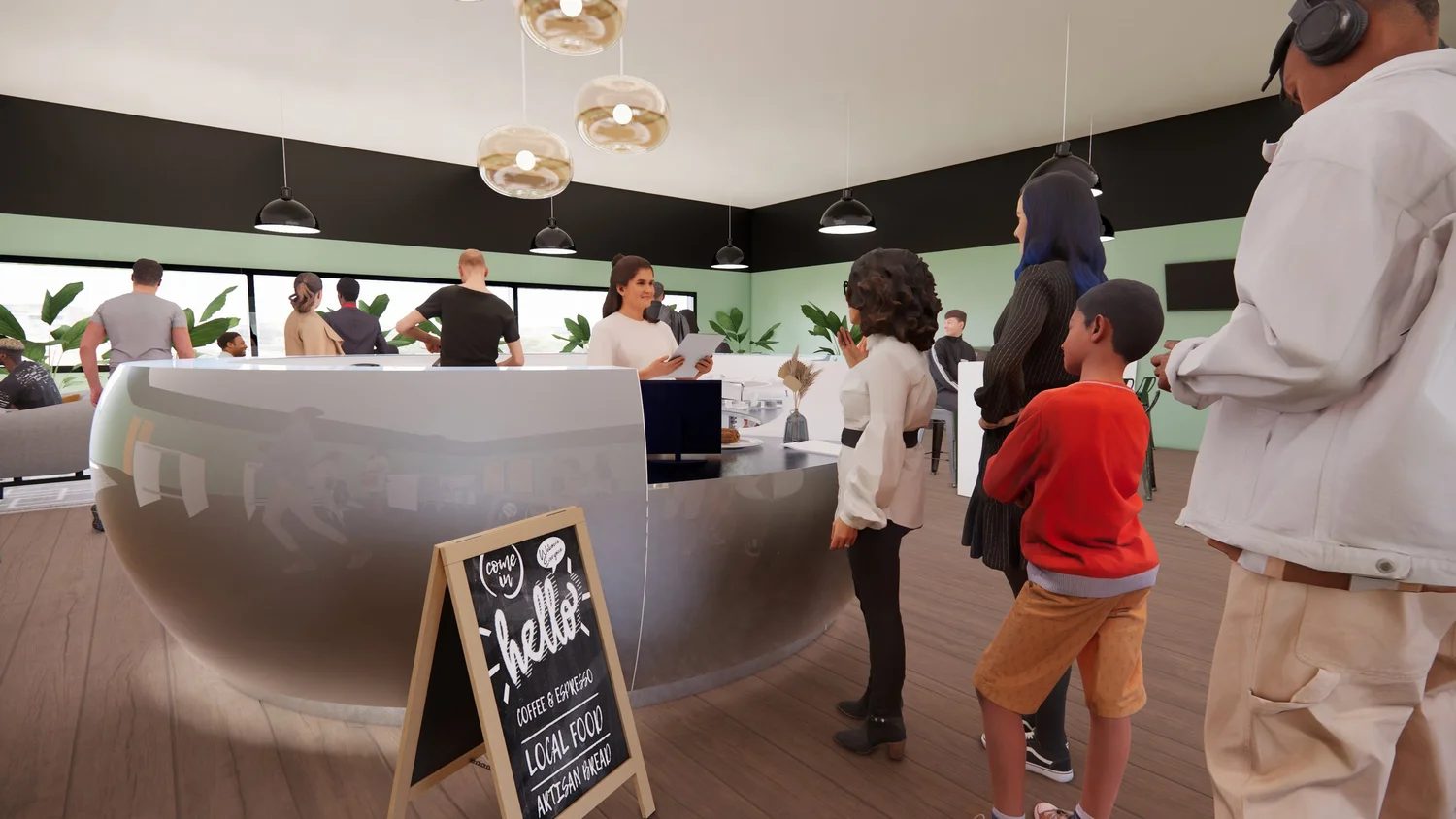 A PODULAR pod in service at a hotel lounge — staff behind the curved counter serving guests, with a chalkboard menu of local food
